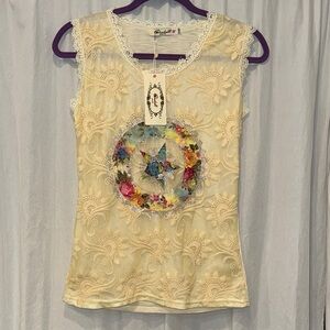 Y2K lace overlay shirt with rhinestone details